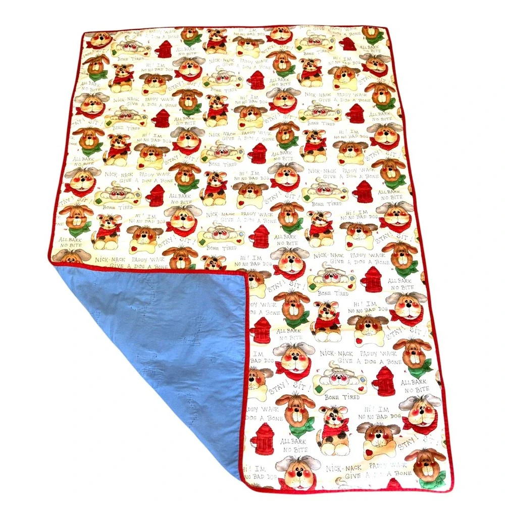 Vtg Puppy Dog Quilted Baby Blanket Blue Cream Red Nick Nack Paddy Wack